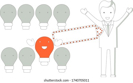 A man in a suit with light bulbs signifying an idea, the right decision. White background line art.