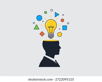 Man in suit with lightbulb replacing head surrounded by shapes