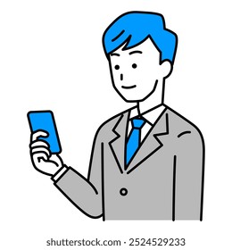 Man in a suit looking at a smartphone in his right hand