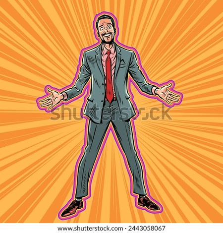 A man in a suit looks at the camera with a crazy look. Convincing scammers will steal your data. Mental health problems. Pop Art Retro Vector Illustration Kitsch Vintage 50s 60s Style