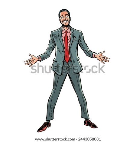 A man in a suit looks at the camera with a crazy look. Convincing scammers will steal your data. Mental health problems. Pop Art Retro Vector Illustration Kitsch Vintage 50s 60s Style. On a white