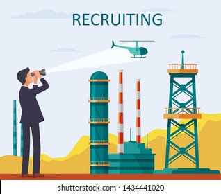 Man in Suit Looks Through Binoculars Helicopter. Helicopter Flies Over Plant. Businessman in Business Suit. Vector Illustration. Recruitment Agency. Management and Organization. Recruiting Director.