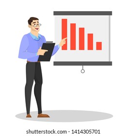 Man in suit making business presentation and pointing at the red graph. Presenting business plan on seminar. Vector illustration in cartoon styl