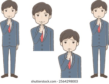 A man in a suit making a 'quiet' gesture (two facial expressions).