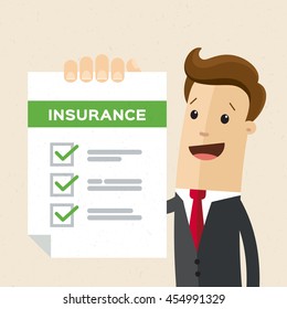 Man in suit, manager or agent shows a document, insurance. Vector, flat, illustration