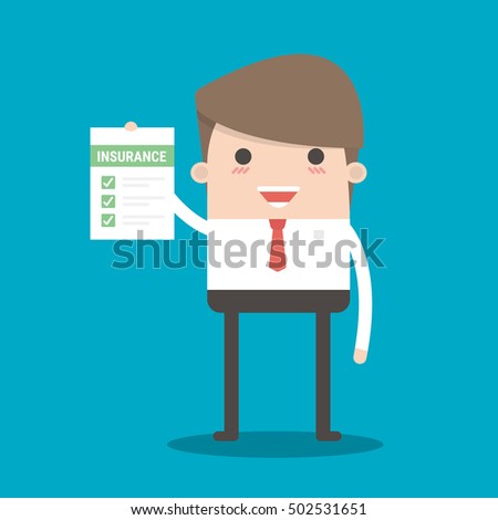Man in suit, manager or agent shows a document, insurance. Vector, flat, illustration