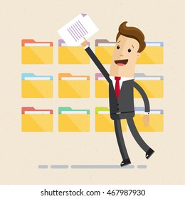 Man In Suit, Manager Or Employee, Is Folding And Sorting Documents Or Letters Into Folders. Vector, Illustration, Flat