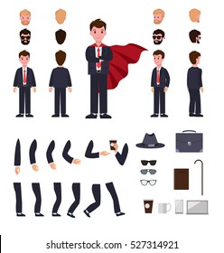Man in suit with mantle. Character creation set. Different faces, various views of person. Bended hands, legs. Hat, stick, glasses, cup, notebook. Build your own design. Simple cartoon style. Vector