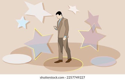 A man in a suit on a colorful background. Illustration of steps to success. A symbol of progress. Abstraction of problem solving.
