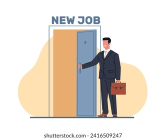 El hombre con traje abre la puerta a un nuevo trabajo. Exitoso hombre de negocios con traje y maletín. Oportunidades profesionales. Desarrollo de empleados. Ilustración de caricatura de estilo plano. Concepto de inicio de vector