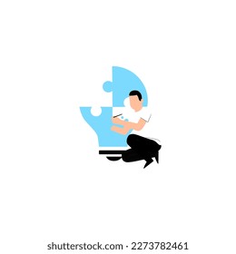 Man in suit painting puzzle piece symbolizing global innovative thinking accomplishing teamwork. Guy creating jigsaw displays successful creative thinking.