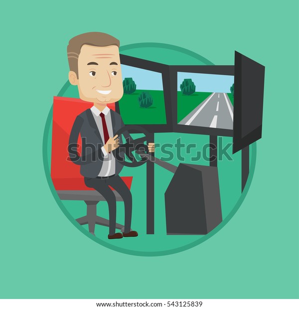 Man in a suit playing video game with gaming\
wheel. Man driving autosimulator in game room. Man playing car\
racing video game. Vector flat design illustration in the circle\
isolated on background.