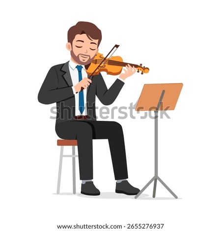Man in suit playing violin while seated and eyes closed in concentration art illustration