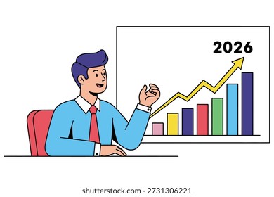 Man in suit pointing at bar graph and rising line chart. Illustrates business forecast, future projections, and market trends.