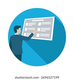 Hombre de traje señalando un gráfico sobre un fondo azul, probablemente presentando datos o estrategia. Representa la planificación empresarial, el trabajo en equipo corporativo y la estrategia de proyecto.