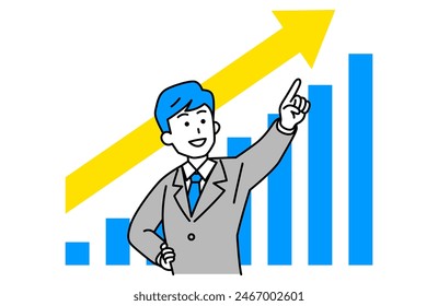 Man in a suit pointing at a goal and a growing graph