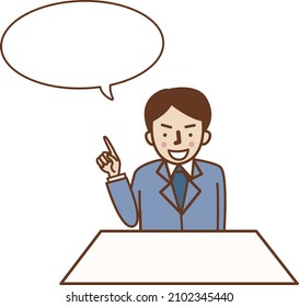 A man in a suit pointing his finger and talking