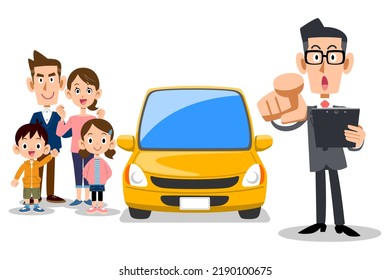 Un hombre con traje que señala un documento, un coche y una familia