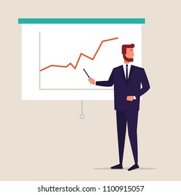 Man in suit is pointing at presentation screen board. Business seminar, review of financial, marketing data, charts. Full length male business character in modern simple and clear flat style