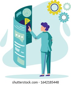 A man in a suit points to the charts. Diagrams on electronic boards. Business illustration. Vector illustration