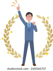 A man in a suit posing with his index finger raised