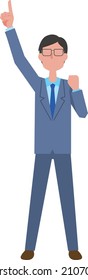 A man in a suit posing with his index finger raised