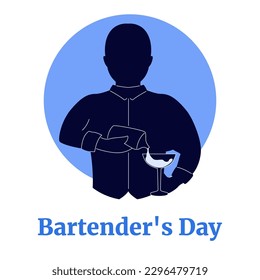 Man in suit pours drink in glass, bartender or waiter pours wine in glass, vector