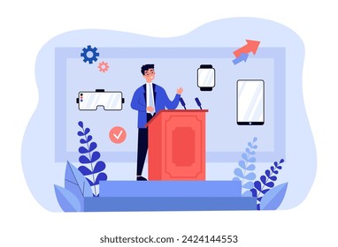 Man in suit presenting to new gadgets to public. Vector illustration. Mobile phone, smartwatches, VR headset. Presentation of new functions of modern devices. Latest technologies and gadgets concept