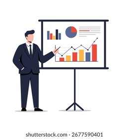 Man in suit presents data on whiteboard, using pointer, in a clean, modern office setting, conveying professionalism and expertise.