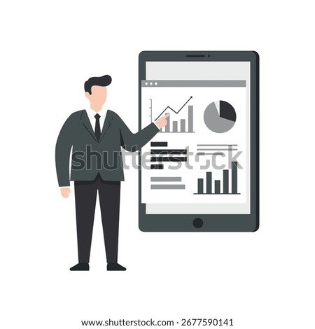 Man in suit presents data on tablet screen charts and graphs display information in a clean, modern style.