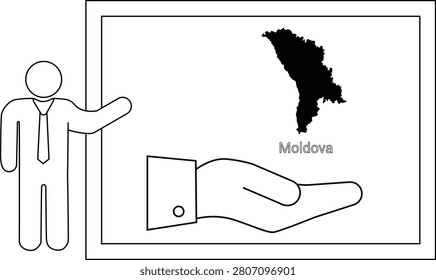 A man in a suit presents a map of Moldova and a hand offering support.