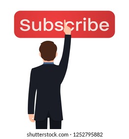 A man in a suit presses the red button to subscribe vector illustration on a white background. 
