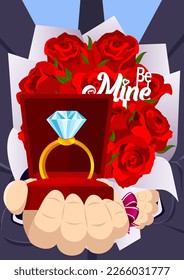 man in suit propose with diamond ring and bring rose bouquet romantic valentine sweet moment