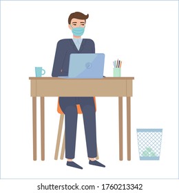 Man in suit and protective face mask siting at table.Remote work, online education,home office, quarantine effects concept.Stock vector illustration isolated on white background in flat cartoon style.
