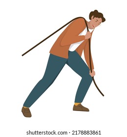 A man in a suit is pulling something with a rope. Person manager in a pose pulling objects.