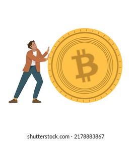 A man in a suit pushes a large bitcoin coin. Cryptocurrency growth or purchase, exchange. Designing startup websites