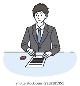 A man in a suit pushing a stamp