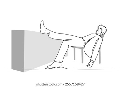 man in suit puts leg on table and slouches on office chair - one line art vector. concept burnout, lazy, procrastination