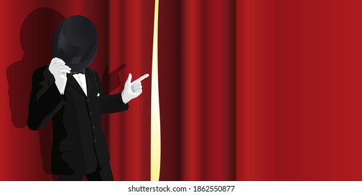 A man in a suit puts on a show, pointing to the opening of a red stage curtain.