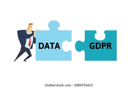 Man in suit putting data and GDPR puzzle together. Flat vector illustration. Isolated on white background.
