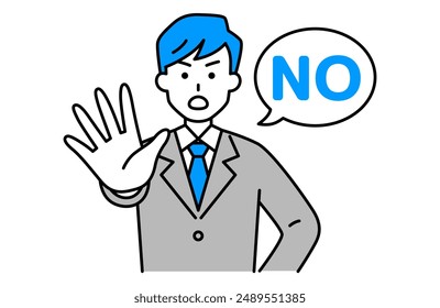 Man in a suit putting his right hand forward to say NO