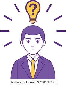 man in suit with question mark light bulb above head representing idea or problem solving
