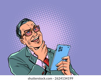 Man in suit reacts with evil smile on phone. Business success. Evil boss chief writes message. Pop Art Retro Vector Illustration Kitsch Vintage 50s 60s Style