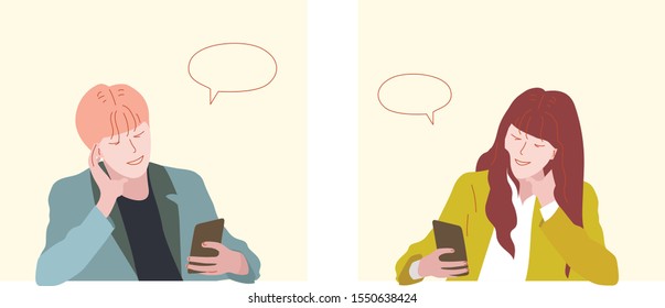 A man in a suit read a message from woman in a social network. Concept of conversation two people in chart.  Flat vector illustration in hand drawn style.