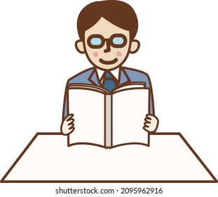 A man in a suit reading a book.