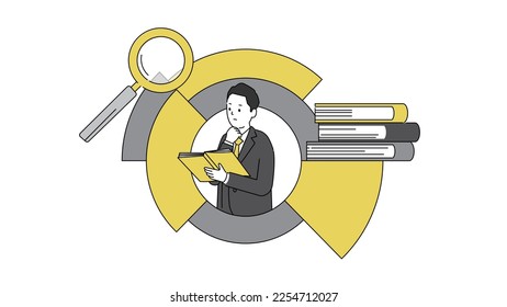 A man in a suit reading a book, with a graph, book, and magnifying glass. An image of study and research, vector illustration.