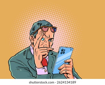 A man in a suit reads his phone in surprise. Sudden variables affecting business. An analyst tries to build a plan. Pop Art Retro Vector Illustration Kitsch Vintage 50s 60s Style