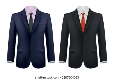 Man suit realistic set with smart jackets neckties and shirts of different colors isolated vector illustration