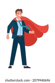 Man in suit and red cape standing in strong pose. Confident businessman concept