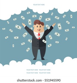 Man in a suit with a red tie getting a lot of money. boss, office worker, manager, banker,  businessman. Flat vector icon, illustration